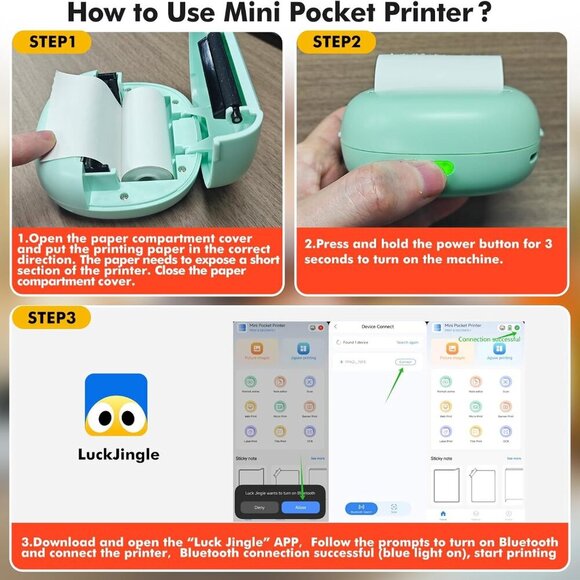 Sticker Printer Mini Thermal Printer with 5 Rolls Paper Inkless(White) Brand New - Picture 3 of 9